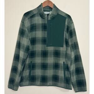 Duluth Trading Co Relaxed Fit Fleece Pullover Mens Large Green Plaid Zip Pockets